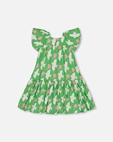 Deux par Toddler Girls Printed Dress With Flounce Sleeves Green White And Pink Bird - Toddler|Child