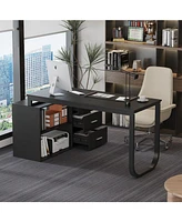 Famapy 55.1 in. L-Shaped Gray Wood Computer Desk Writing Office Executive W/Removable Tabletop, Shelves, 3-Drawers