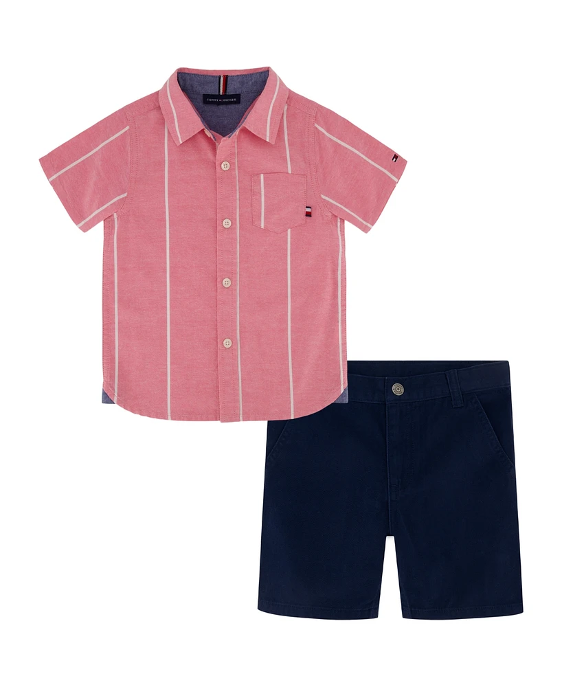 Tommy Hilfiger Toddler Boys 2-Piece Short Sleeve Jacquard Denim Shirt and Twill Shorts Set