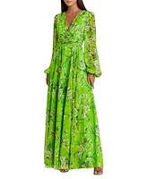 Mac Duggal Women's Puff Sleeve Floral Chiffon Gown