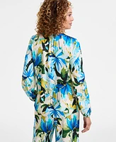 Jm Collection Women's Printed Satin V-Neck Long-Sleeve Top, Exclusively at Macy's