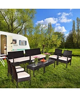 8PCS Patio Rattan Conversation Furniture Set Cushioned Seat Glass Table