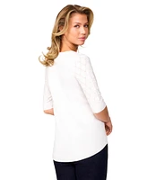 Melissa Paige Petite Yoke Wave Stitch Elbow-Sleeve Sweater
