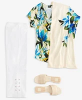 Jm Collection Womens Satin Kimono Floral Print Mixed Media Top Exclusively At Macys
