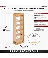 Rev-a-Shelf Pullout Wall Filler Cabinet Wooden Organizer, 33" Hgt, 432-WF33-6C