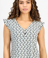 Ak Anne Klein Petite Printed Ruffle-Sleeve Top