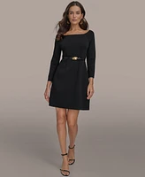 Donna Karan New York Women's Solid Belted Boat-Neck 3/4-Sleeve Dress