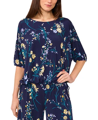 Sam & Jess Women's Printed Round-Neck Puff-Sleeve Side-Tie Top