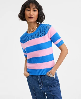 On 34th Women's Cotton Striped Perforated-Stitch Sweater, Exclusively at Macy's