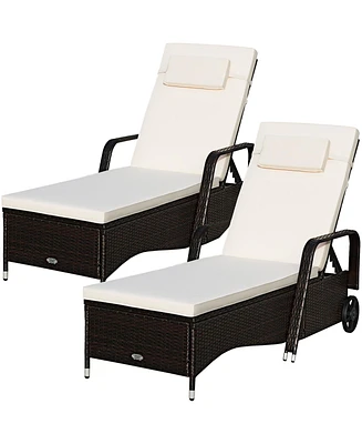 2PCS Patio Rattan Lounge Chair Chaise Adjustable Recliner Cushioned Sofa Garden