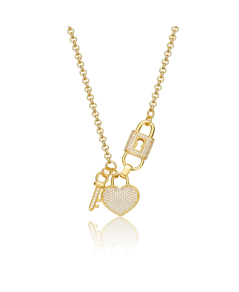 Sterling Silver 14K Gold Plated with Clear Cubic Zirconia Heart & Padlock Charm Necklace