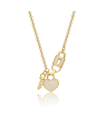 Sterling Silver 14K Gold Plated with Clear Cubic Zirconia Heart & Padlock Charm Necklace