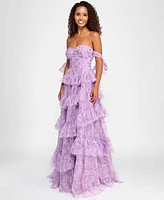 Say Yes Juniors' Floral-Print Tiered Off-The-Shoulder Ball Gown, Created for Macy's