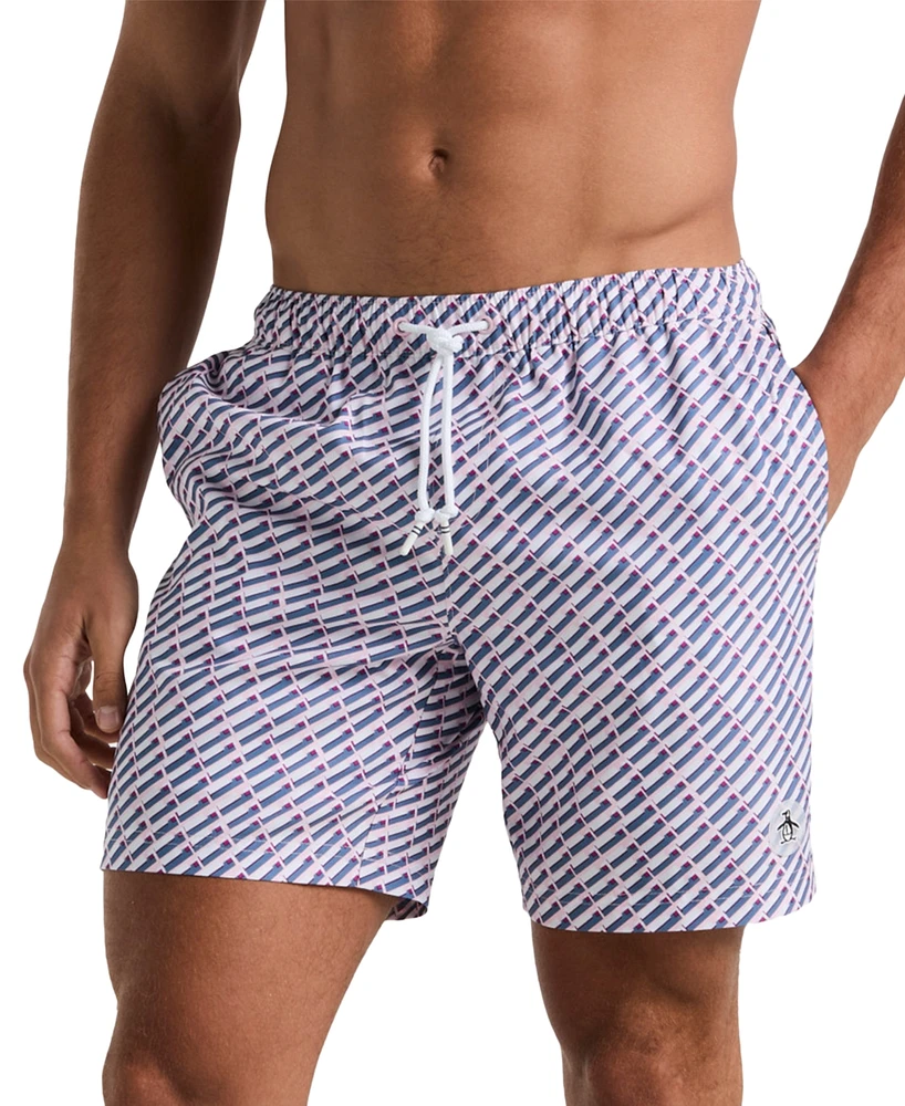 Original Penguin Men's Geo Print Drawstring 7" Swim Trunks