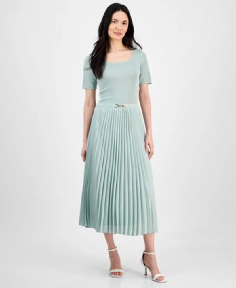 Anne Klein Womens Short Sleeve Sweater Pleated Midi Skirt