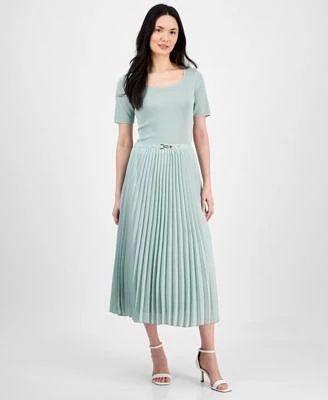 Anne Klein Womens Short Sleeve Sweater Pleated Midi Skirt