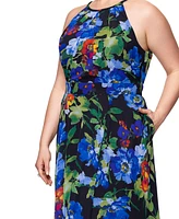Betsy & Adam Plus Floral-Print Halter Gown