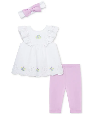 Little Me Baby Girls 3-Pc. Sweet Eyelet Floral Top, Leggings & Headband Set