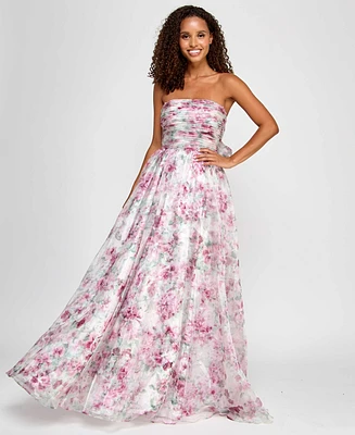 City Studios Juniors' Pleated Strapless Floral-Print Gown, Created for Macy's