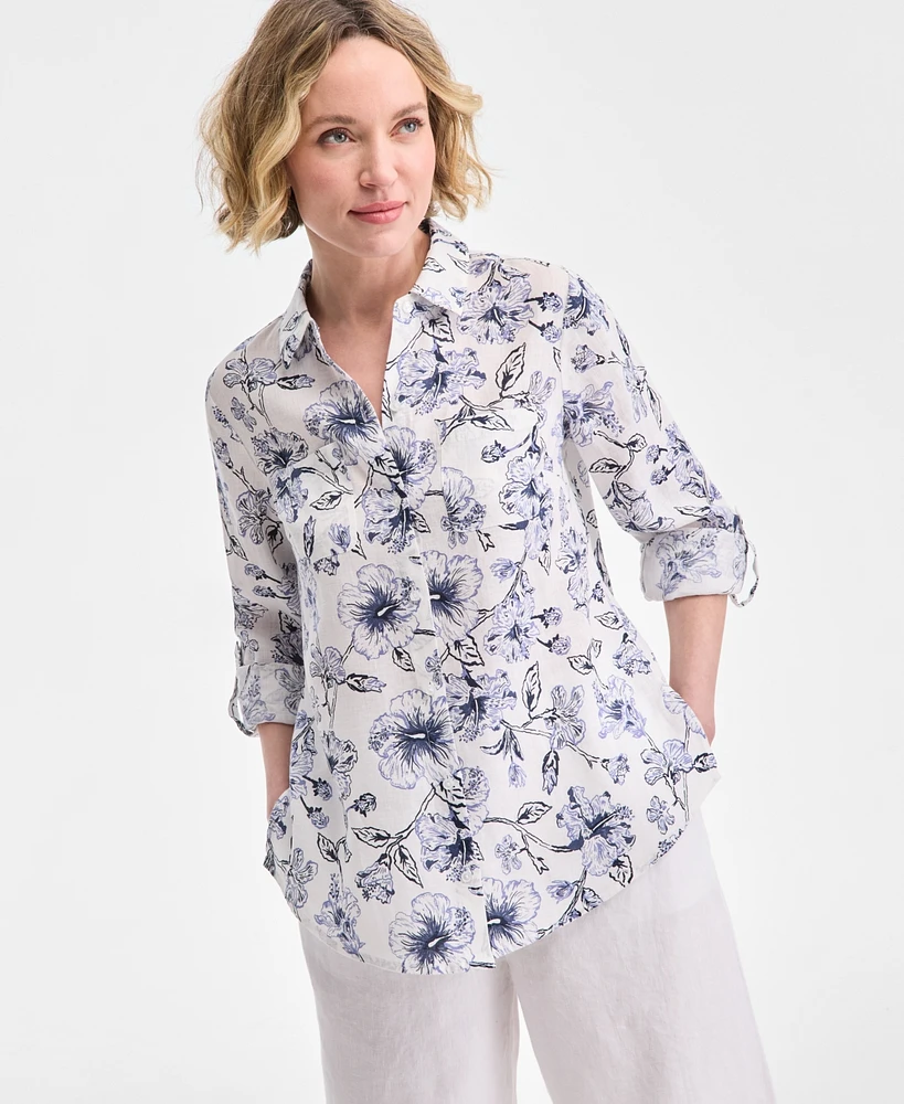 Charter Club Women's Linen Floral-Print Roll-Tab Shirt, Exclusively at Macy's