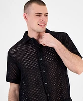 Guess Men's Relaxed-Fit Open Mesh-Knit Button-Down Shirt