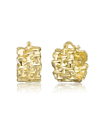 14K Gold Plated Nature Basket Weave Chunky C-Hoop Earrings