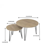 27.56'' Round Nesting Coffee Table Set of 2, Circular Nesting End Table Set, Round Wooden Tabletop, and Sturdy Metal Base, Brown