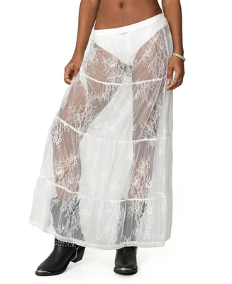 Edikted Womens Tiered Sheer Lace Maxi Skirt