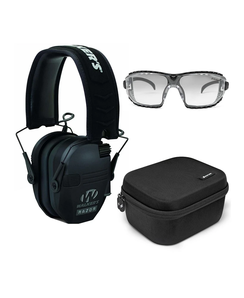 Walker's Razor Slim Electronic Muff (Black) with Case, and Protection Glasses