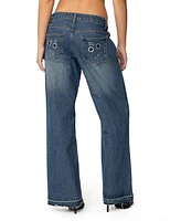 Edikted Womens Davis Grommet Low Rise Jeans