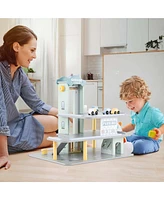 3-Tier Wooden Garage Playset with Working Elevator Helipad Ramp Car Wash Center