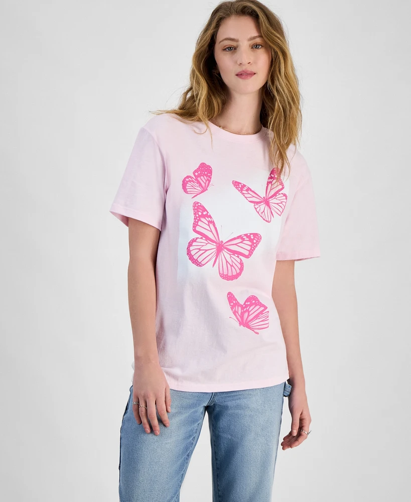 Rebellious One Juniors' Butterfly Graphic Cotton Boyfriend T-Shirt