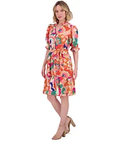 Eliza J Petite Printed V-Neck Elbow-Sleeve Tie-Waist Dress