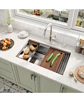 32'' Stainless Steel Kitchen Sink Faucet Set, and Pull-Down with Cutting Board, Roller Blind, Drain Basket, Grid