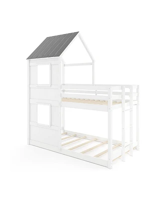 Wooden Bunk Bed with Full-length Safety Guardrail and Ladder