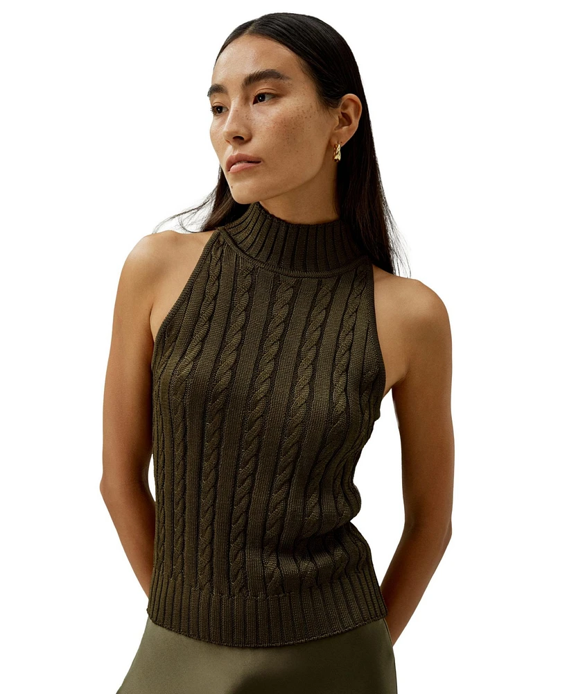 Classic High-Neck Cable-Knit Sleeveless Top for Women