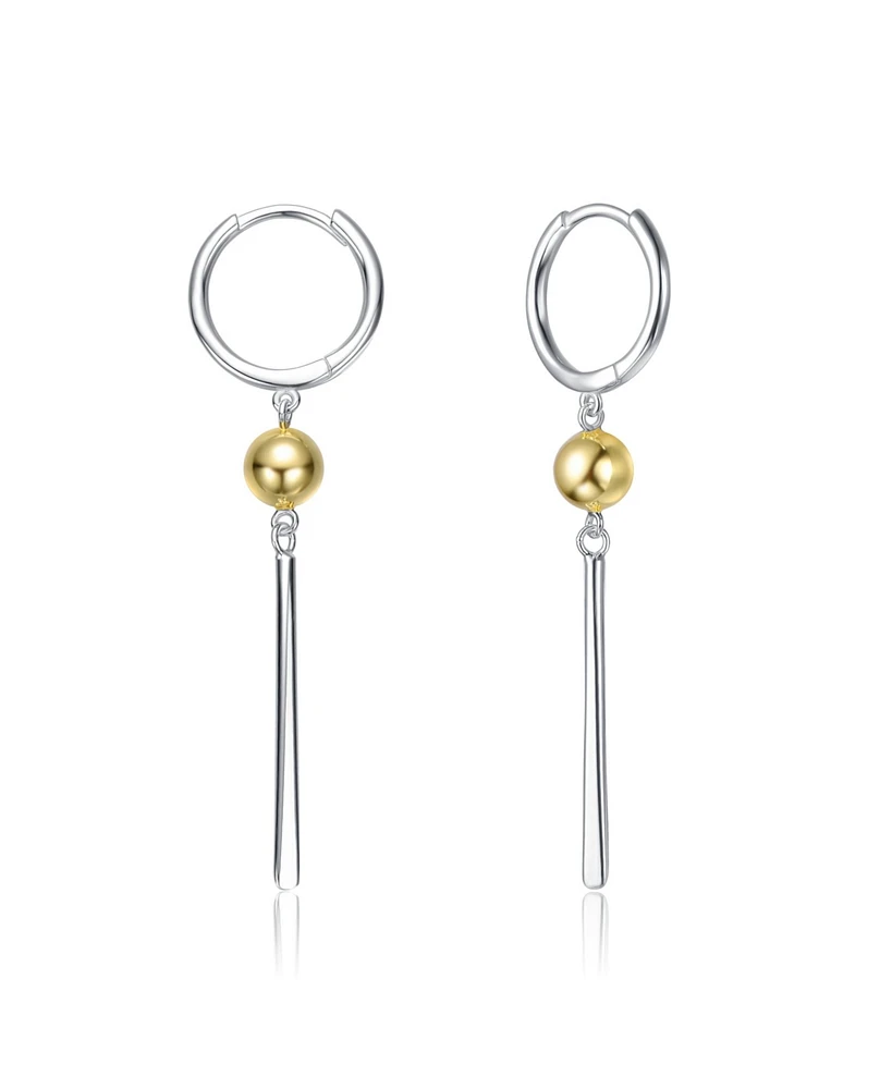 Sterling Silver Two-Tone with 14K Gold Plated Sphere and Sleek White Gold Plated Bars Drop Earrings