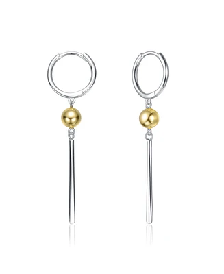 Sterling Silver Two-Tone with 14K Gold Plated Sphere and Sleek White Gold Plated Bars Drop Earrings