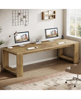 Tribesigns 2 Person Desk, 86.6 Inches Extra Long Desk, Double Computer Writing Table, All Wood Large Desks Workstation for Home Office, Natural Oak