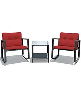 Gymax 3PCS Rattan Rocking Chair Table Set Patio Furniture Set with Cushions