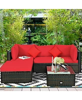 Gymax 5PCS Rattan Sectional Sofa Set Patio Furniture Set w/ Red Cushion Pillow
