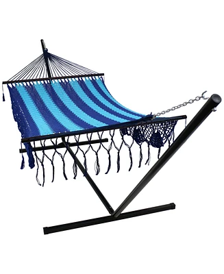 Hand-Woven Cotton and Nylon American-Style Mayan Hammock with 15-Foot Steel Stand - 400-Pound Capacity