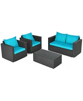 Gymax 4PC Rattan Patio Furniture Set Outdoor Wicker With Turquoise Cushion