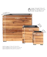 Indoor/Outdoor Wooden Planter Boxes - 3 Acacia Wood Square Plant Pots with Removable Plastic Liners - Anthracite Stain