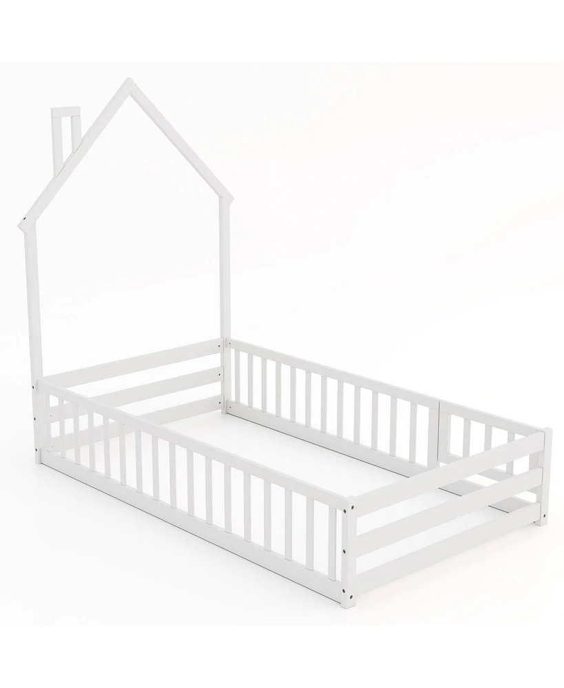 Montessori Floor Bed with Lockable Door and Full-Length Guardrail