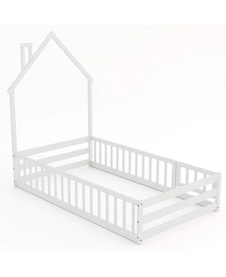 Montessori Floor Bed with Lockable Door and Full-Length Guardrail