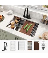 30'' Stainless Steel Kitchen Sink Faucet Sets, Kitchen Sink Single Bowl with Cutting Board, Roller Blind, Drain Basket, Drain Grid and Drainer