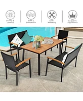 Gymax 5PCS Rattan Outdoor Dining Set Patio Furniture Set w/ Wooden Tabletop