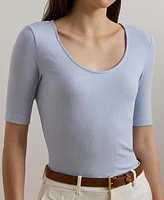 Lauren Ralph Women's Rib-Knit Cotton-Blend Elbow-Sleeve Tee