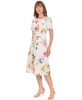 London Times Petite Printed Tie-Neck Fit & Flare Dress